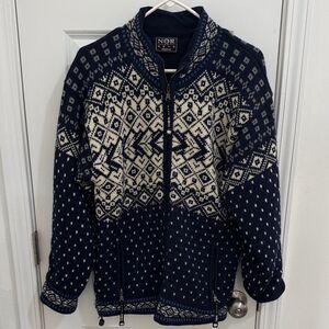 NOR WEAR Pure Wool Women's Navy and White Patterned Jacket Size Medium